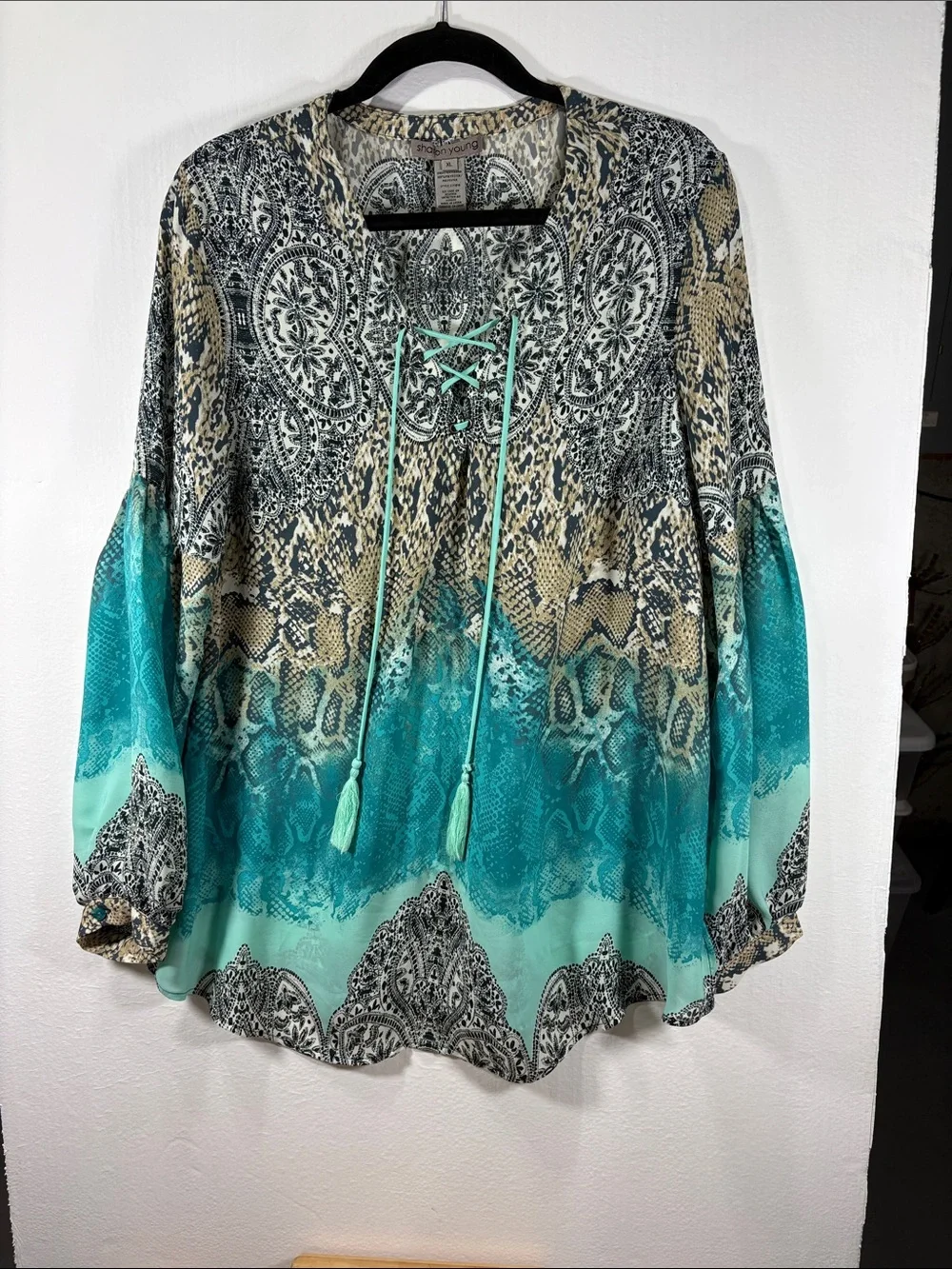 Sharon Young Teal and Cream Lace-Up Ombre Tunic